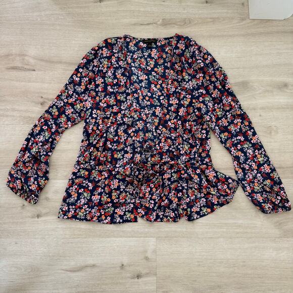 Banana Republic Navy Blue Floral Print Wrap Top Blouse Size Large - Picture 2 of 5